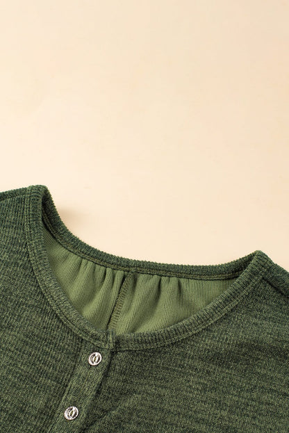 Green Ribbed Textured Wide Leg Jumpsuit with Buttoned Side Pockets