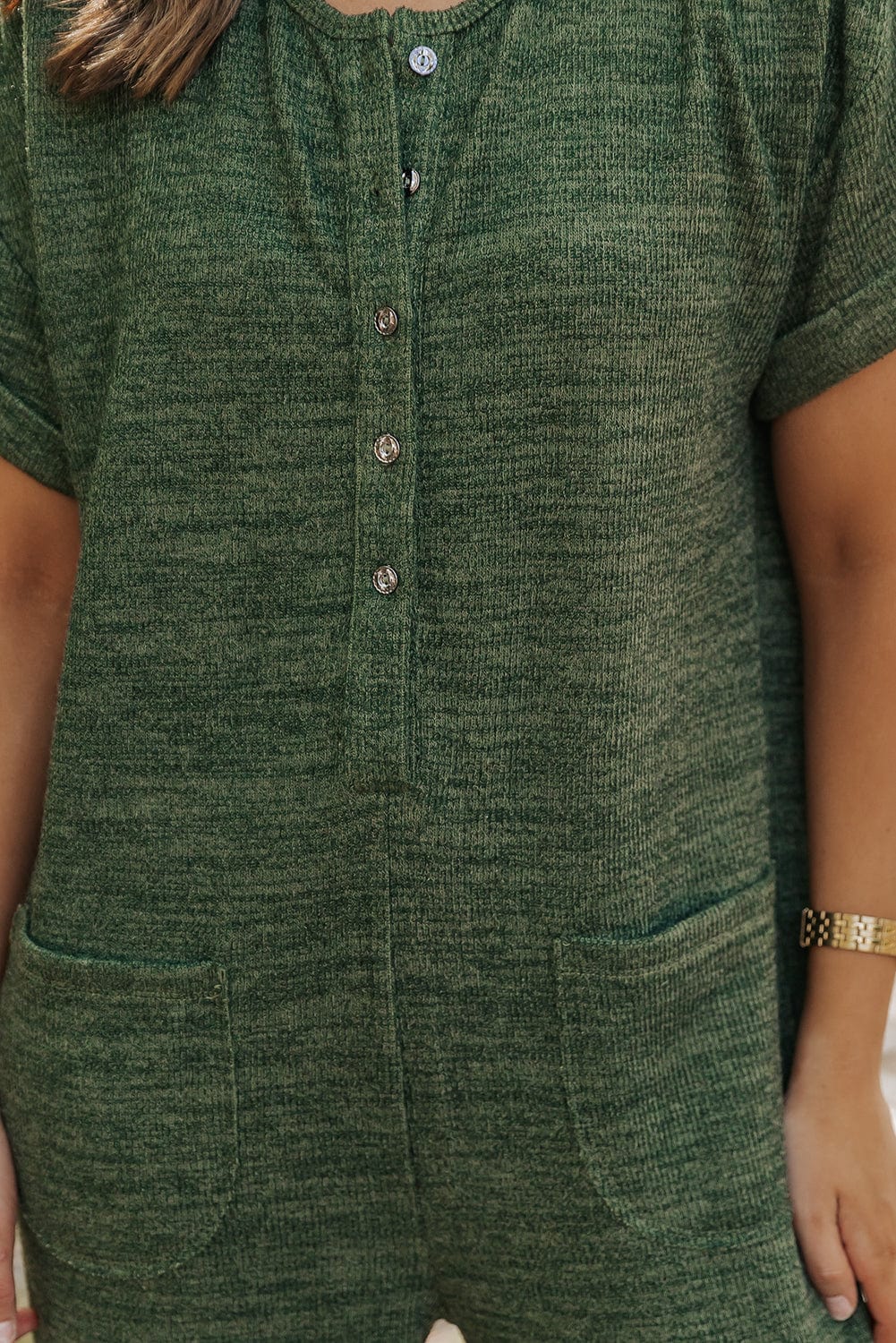 Green Ribbed Textured Wide Leg Jumpsuit with Buttoned Side Pockets