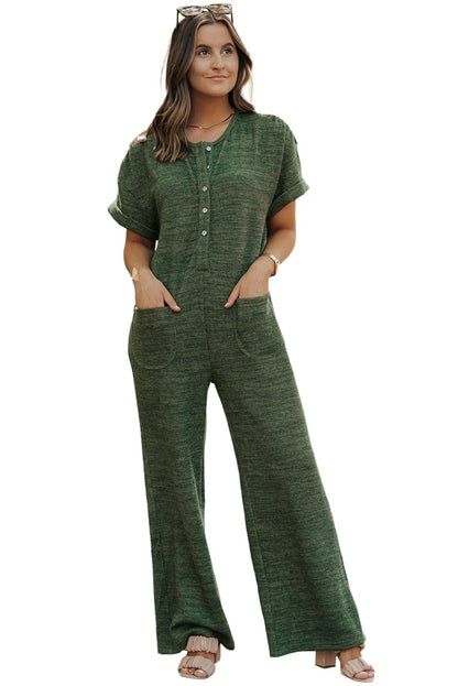 Green Ribbed Textured Wide Leg Jumpsuit with Buttoned Side Pockets