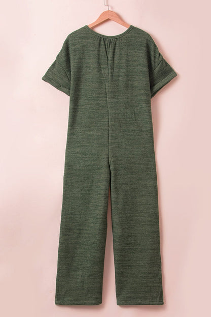 Green Ribbed Textured Wide Leg Jumpsuit with Buttoned Side Pockets