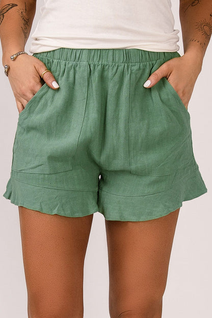 Green Ruffle Shorts with High Waist and Pockets