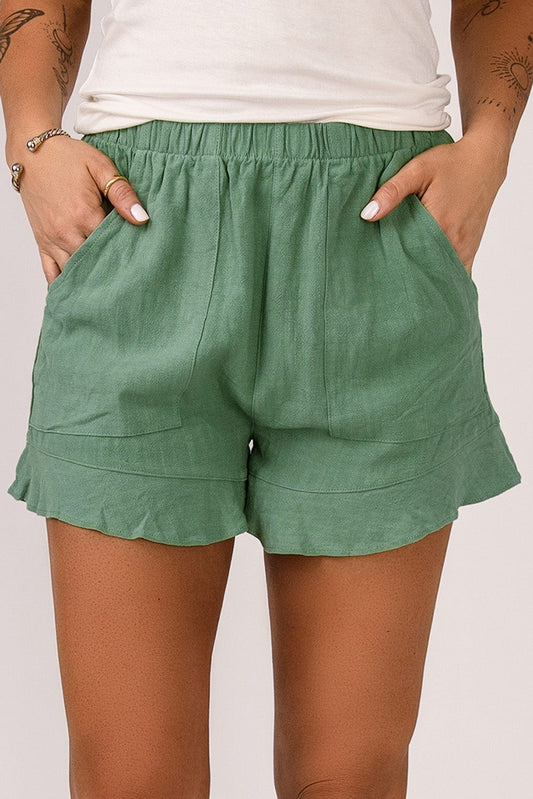 Green Ruffle Shorts with High Waist and Pockets