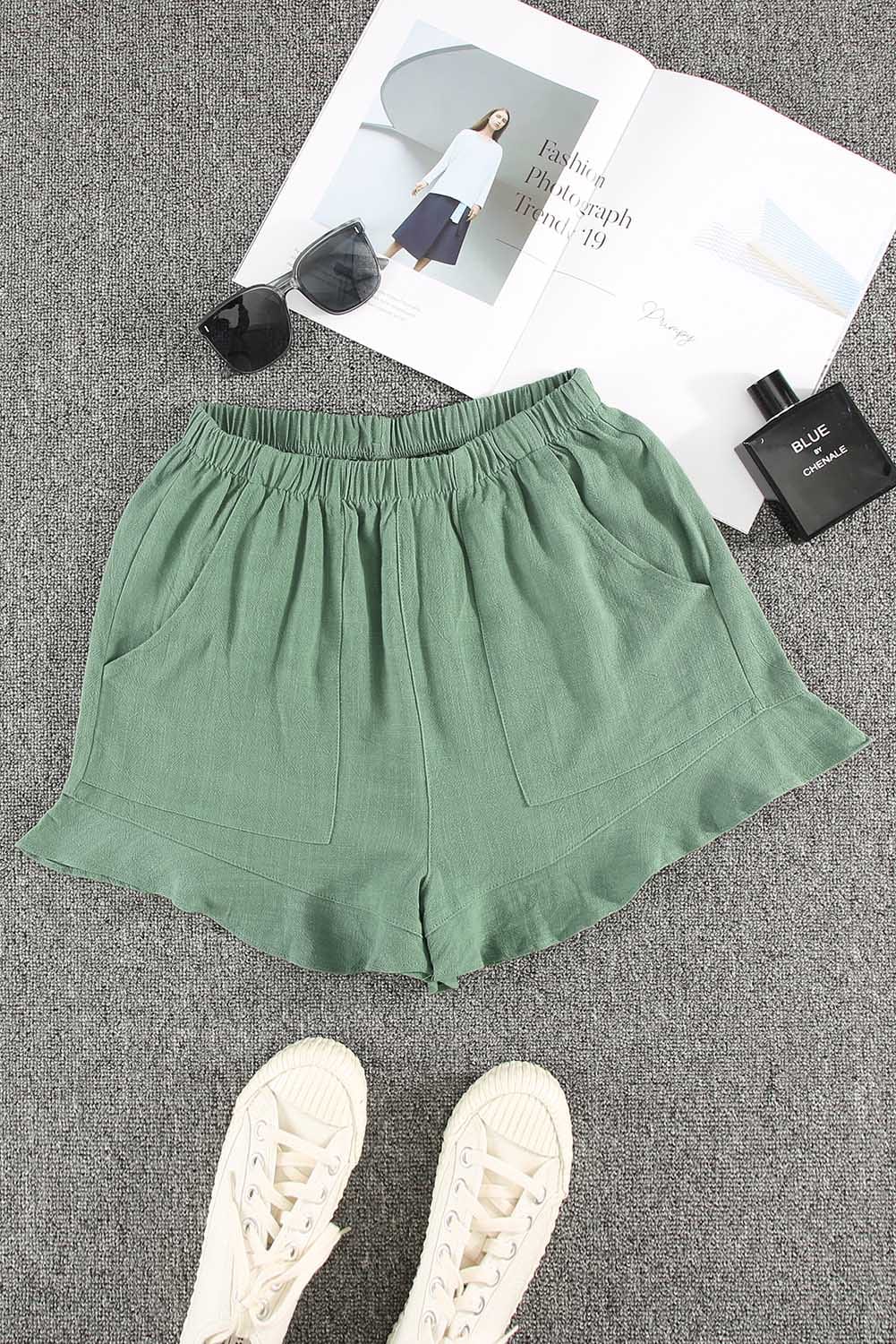 Green Ruffle Shorts with High Waist and Pockets