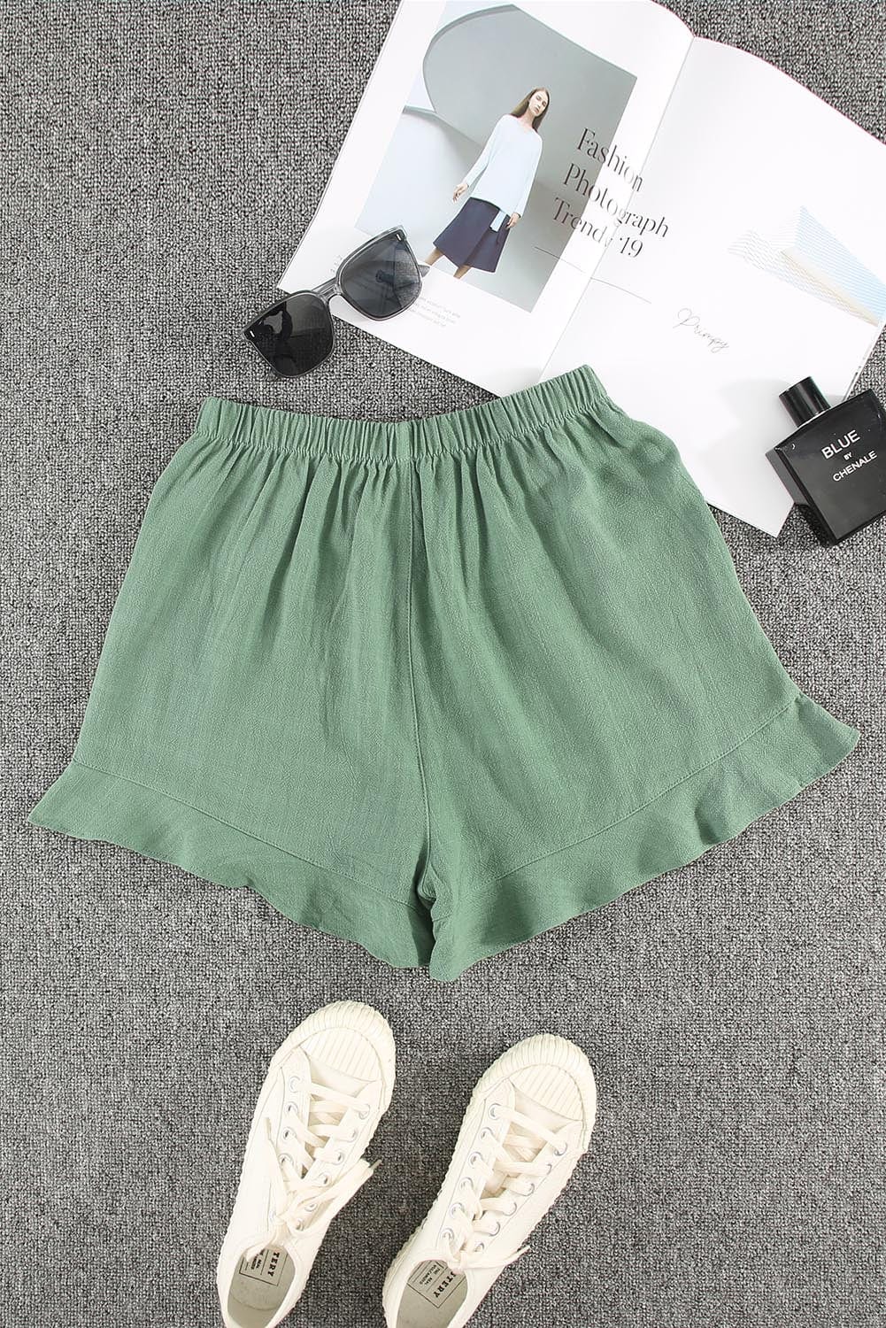 Green Ruffle Shorts with High Waist and Pockets
