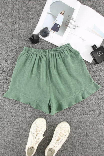 Green Ruffle Shorts with High Waist and Pockets