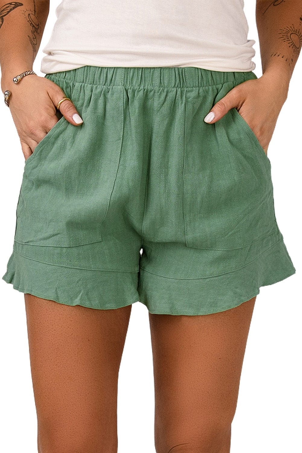 Green Ruffle Shorts with High Waist and Pockets