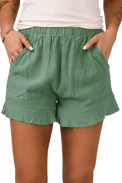 Green Ruffle Shorts with High Waist and Pockets
