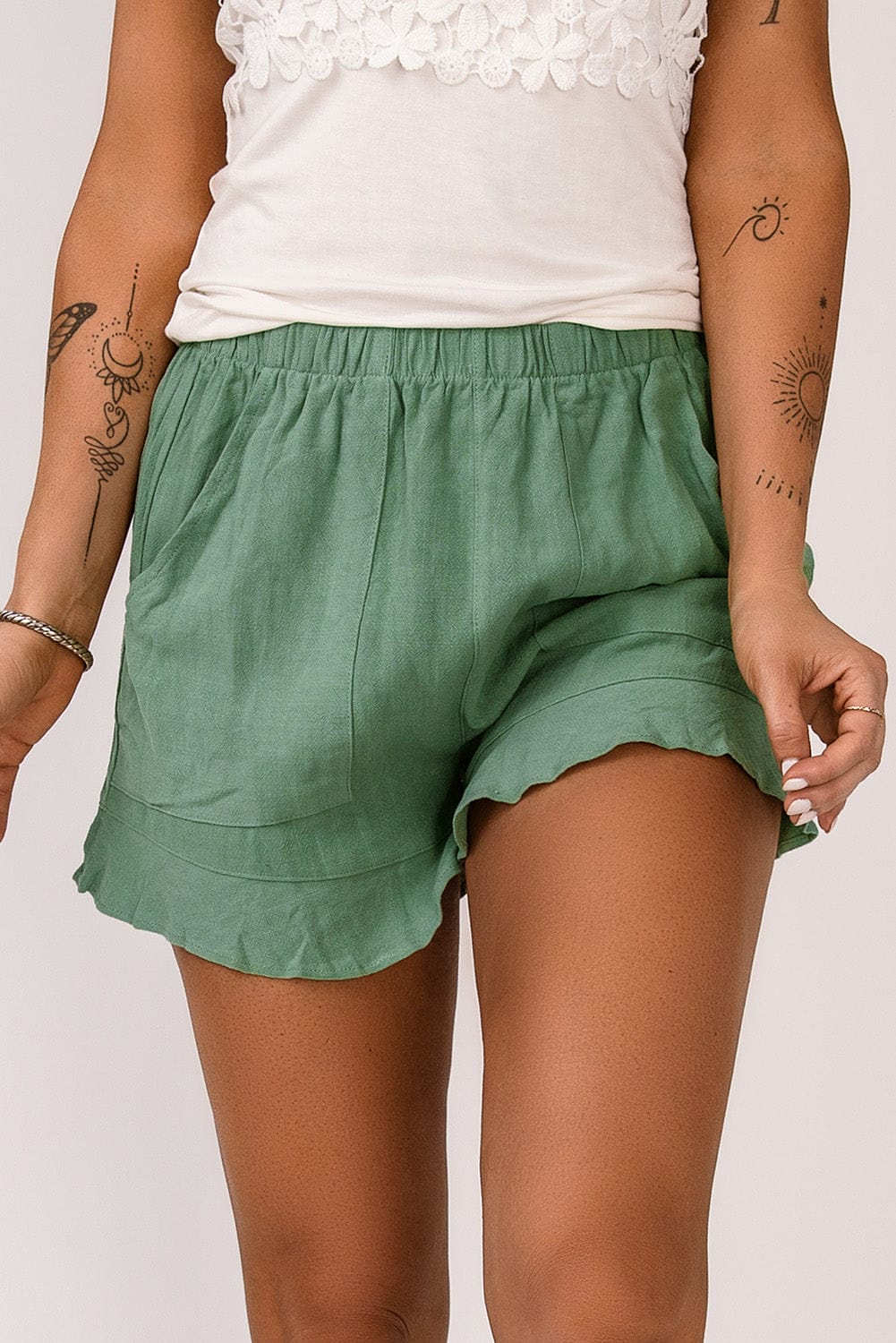 Green Ruffle Shorts with High Waist and Pockets