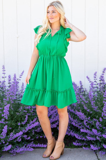 Green Ruffled Dress with V Neck and Elastic Waist