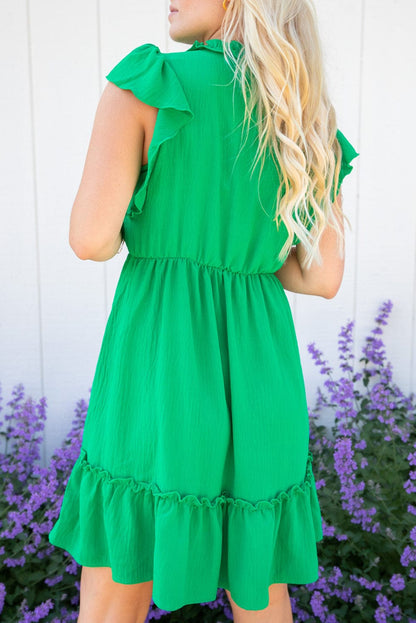 Green Ruffled Dress with V Neck and Elastic Waist