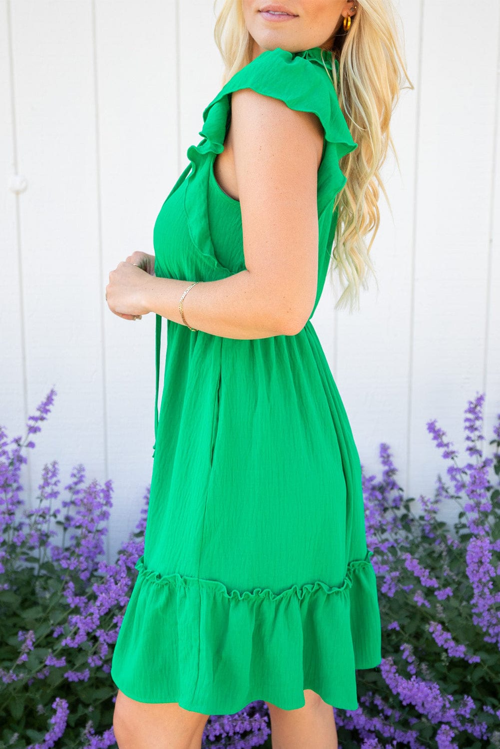 Green Ruffled Dress with V Neck and Elastic Waist