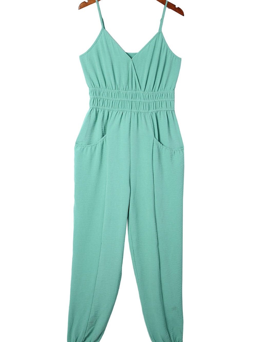 Green Shirred High Waist Sleeveless V Neck Jumpsuit