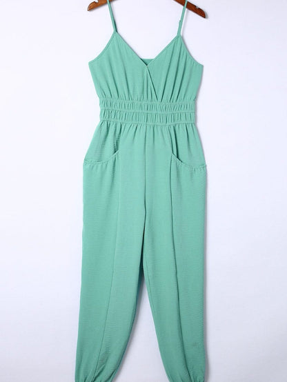 Green Shirred High Waist Sleeveless V Neck Jumpsuit