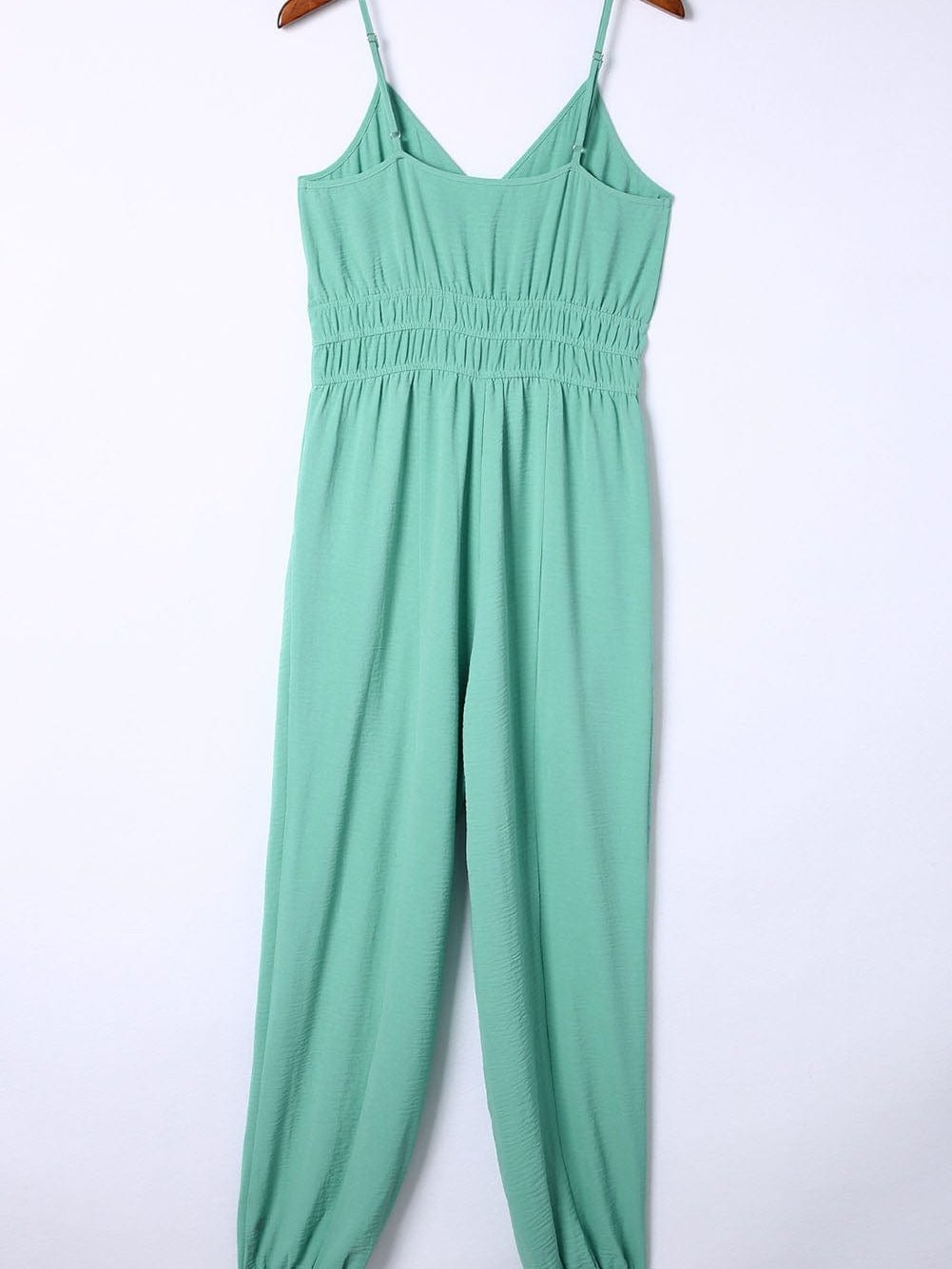 Green Shirred High Waist Sleeveless V Neck Jumpsuit
