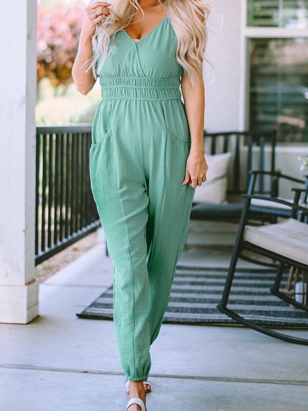 Green Shirred High Waist Sleeveless V Neck Jumpsuit