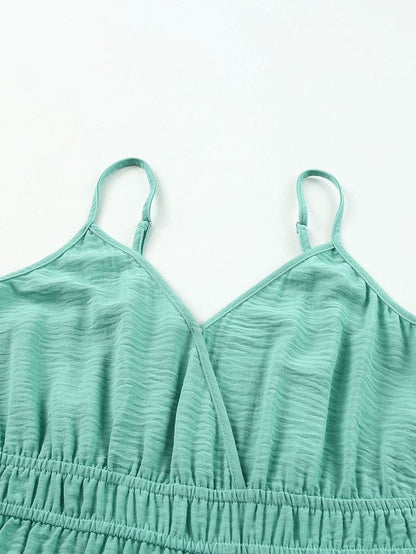 Green Shirred High Waist Sleeveless V Neck Jumpsuit