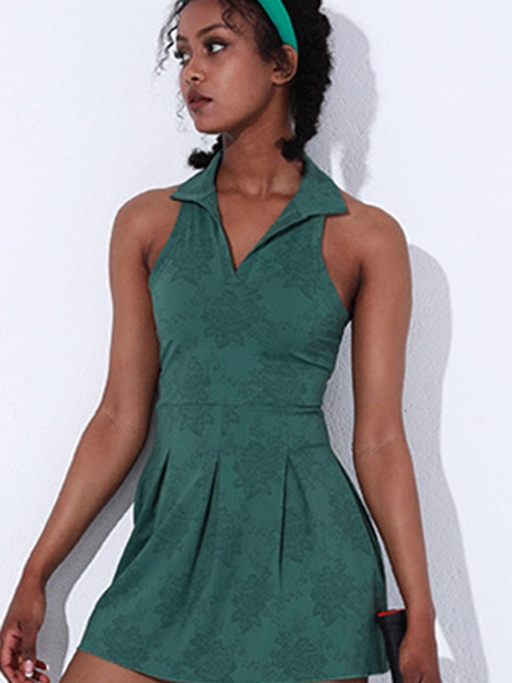 Green Sleeveless V Neck Collared Mini Sports Dress