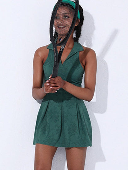 Green Sleeveless V Neck Collared Mini Sports Dress