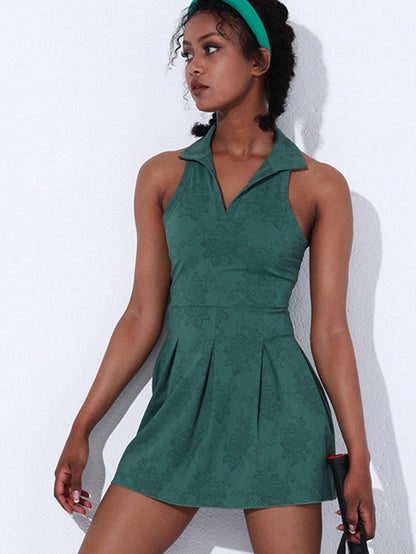 Green Sleeveless V Neck Collared Mini Sports Dress