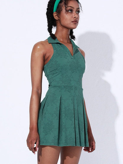 Green Sleeveless V Neck Collared Mini Sports Dress
