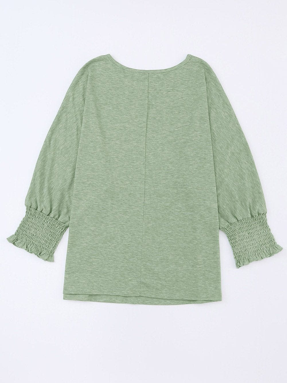 Green Smocked 3/4 Sleeve Relaxed Fit Top with Ruffle Detail