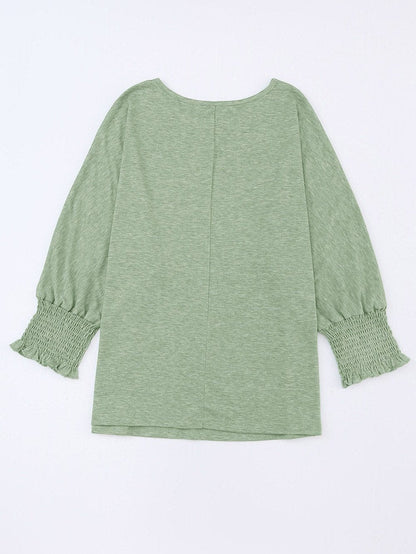 Green Smocked 3/4 Sleeve Relaxed Fit Top with Ruffle Detail