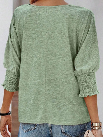 Green Smocked 3/4 Sleeve Relaxed Fit Top with Ruffle Detail