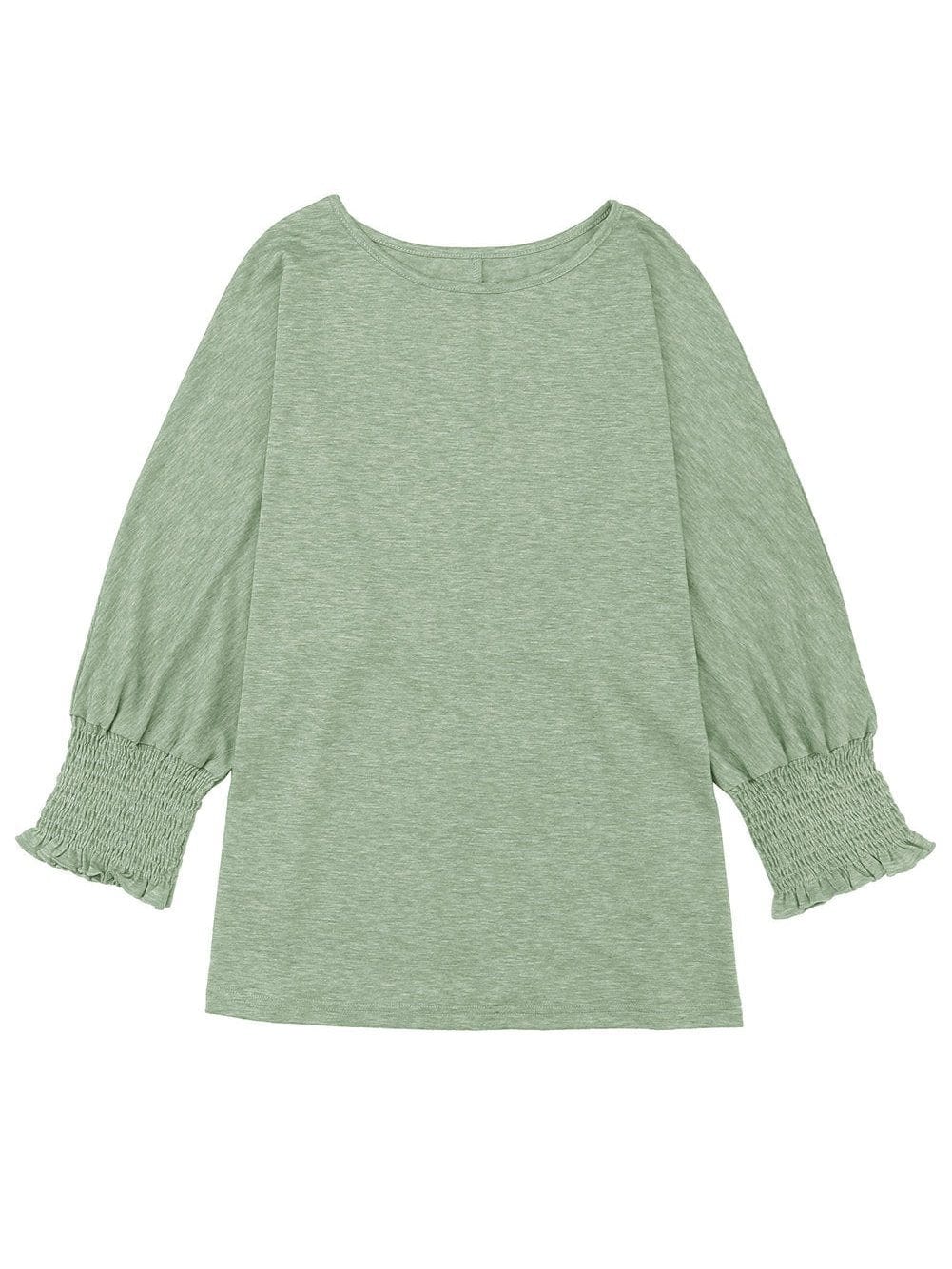Green Smocked 3/4 Sleeve Relaxed Fit Top with Ruffle Detail