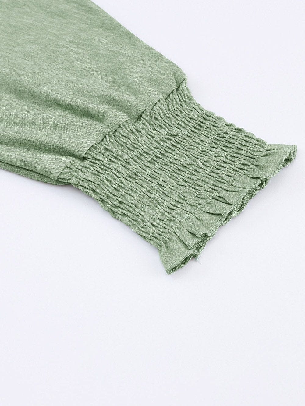 Green Smocked 3/4 Sleeve Relaxed Fit Top with Ruffle Detail