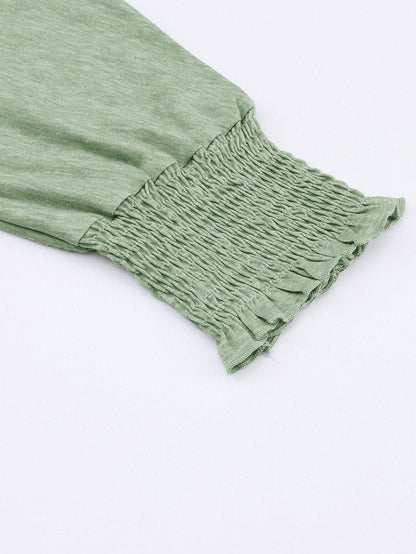 Green Smocked 3/4 Sleeve Relaxed Fit Top with Ruffle Detail
