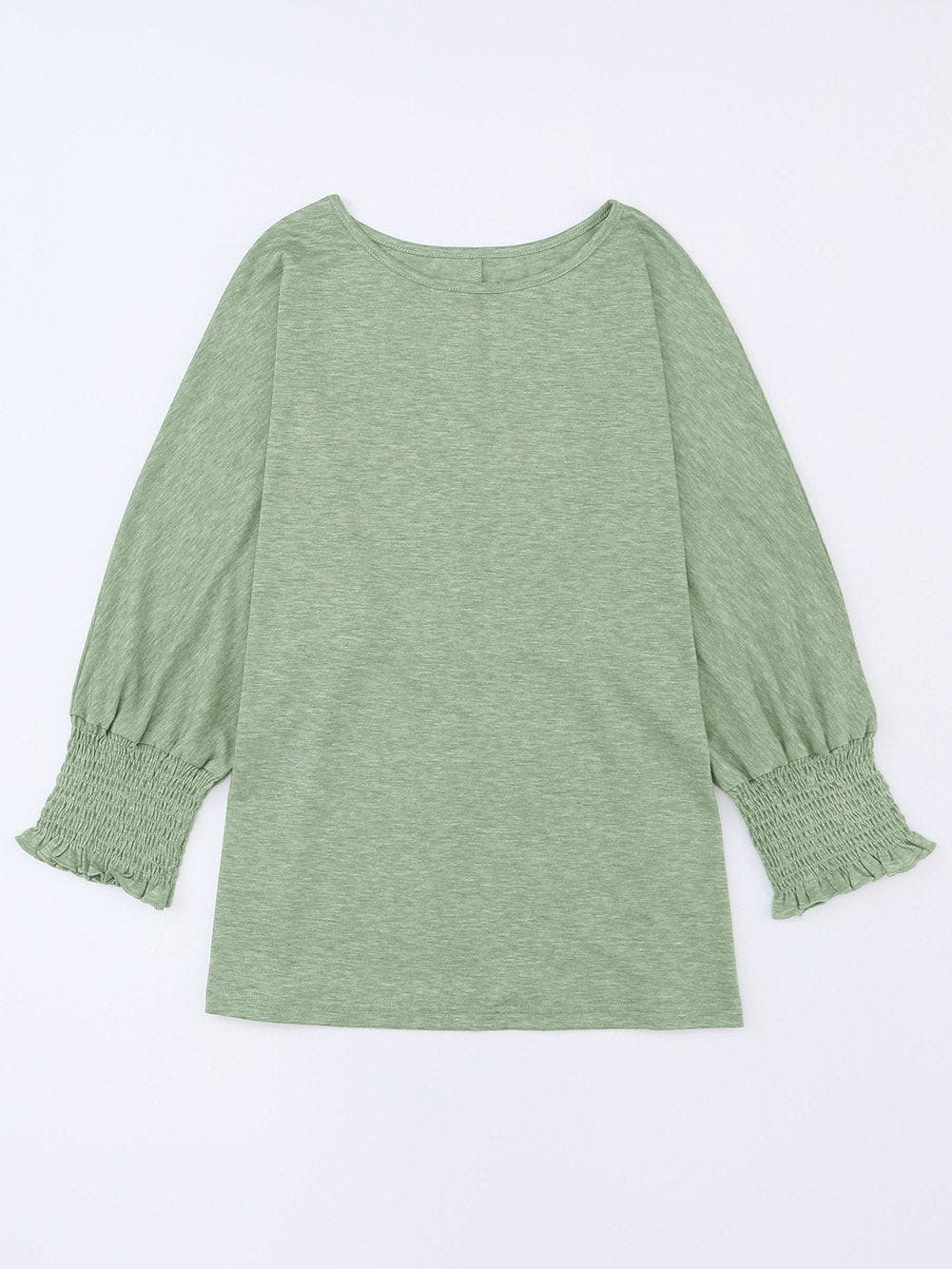 Green Smocked 3/4 Sleeve Relaxed Fit Top with Ruffle Detail