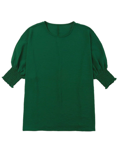 Green Smocked Cuff Shift Blouse