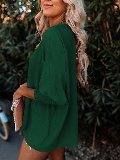 Green Smocked Cuff Shift Blouse