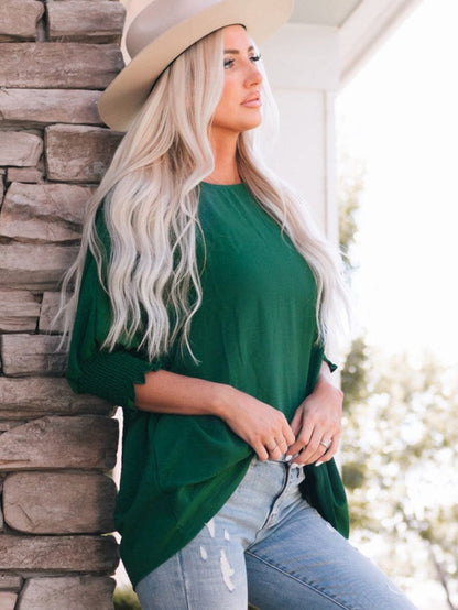 Green Smocked Cuff Shift Blouse