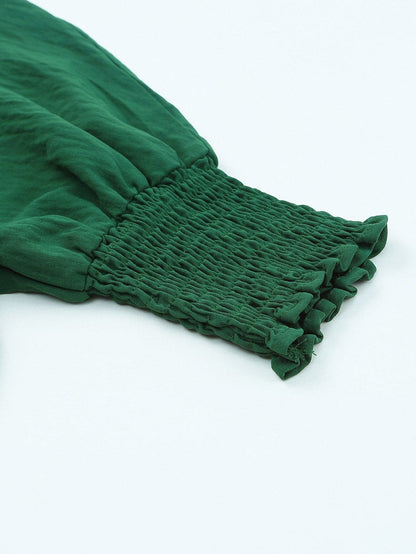 Green Smocked Cuff Shift Blouse