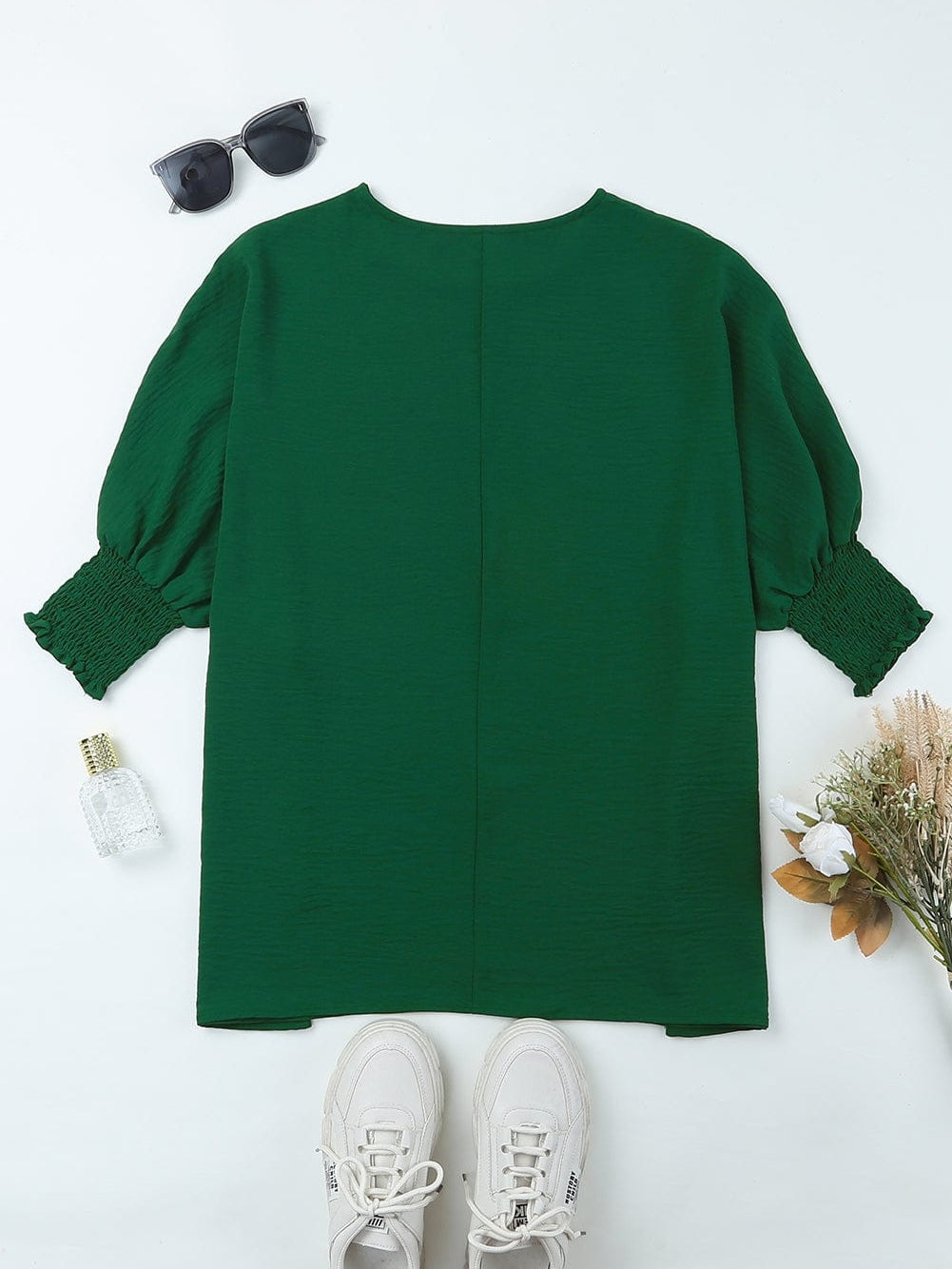 Green Smocked Cuff Shift Blouse