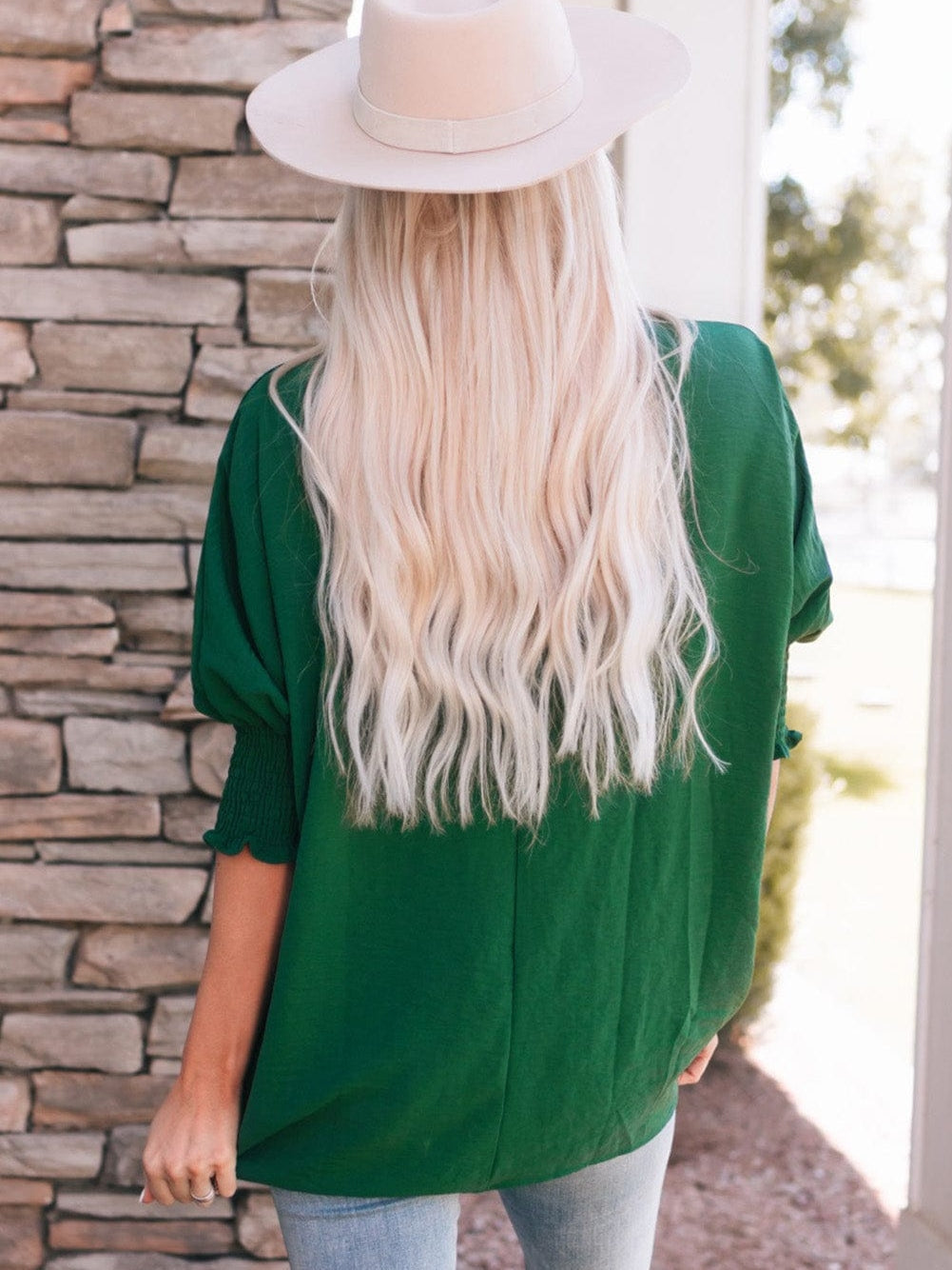 Green Smocked Cuff Shift Blouse