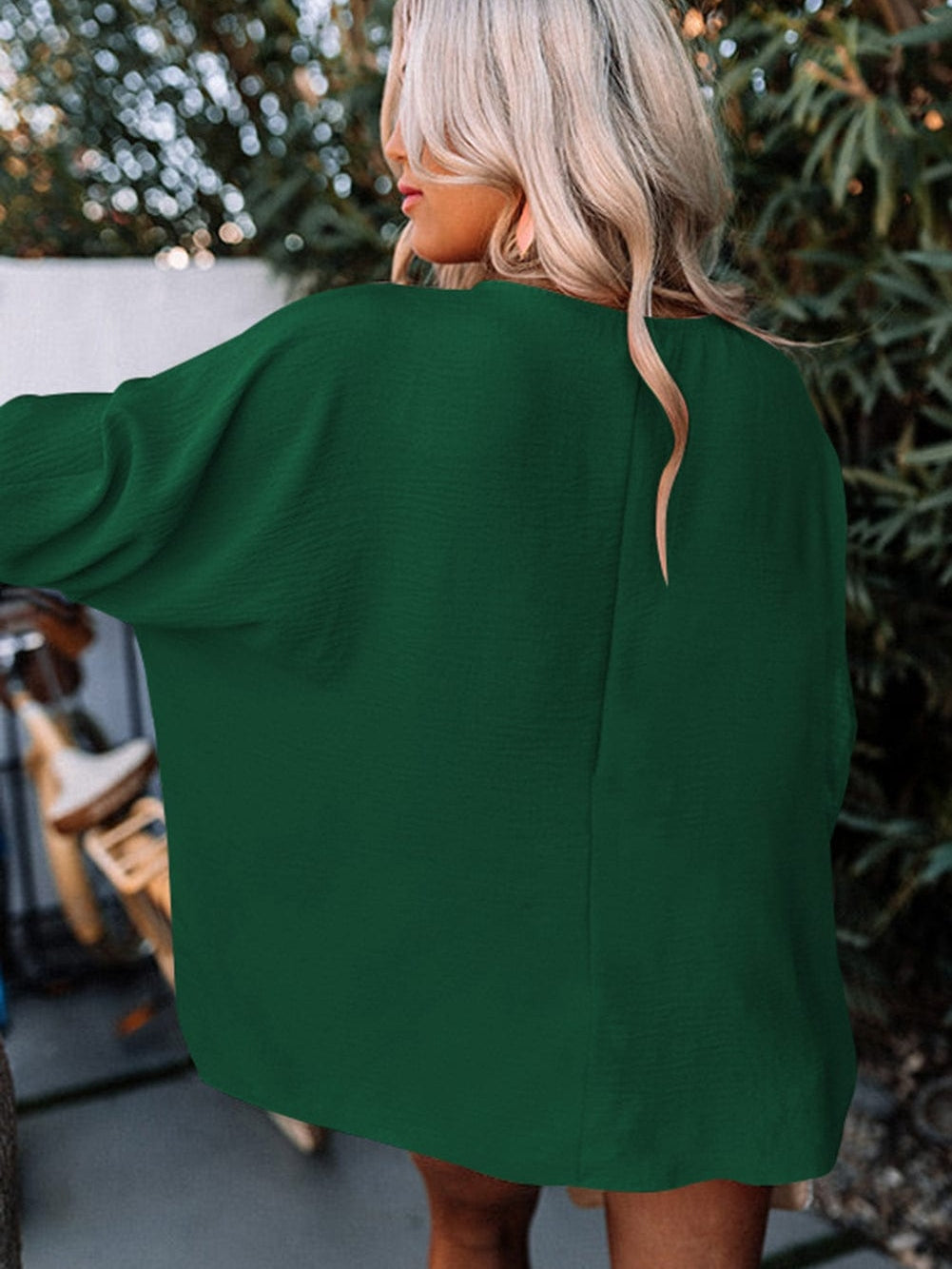 Green Smocked Cuff Shift Blouse