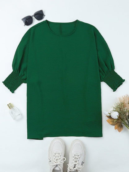 Green Smocked Cuff Shift Blouse