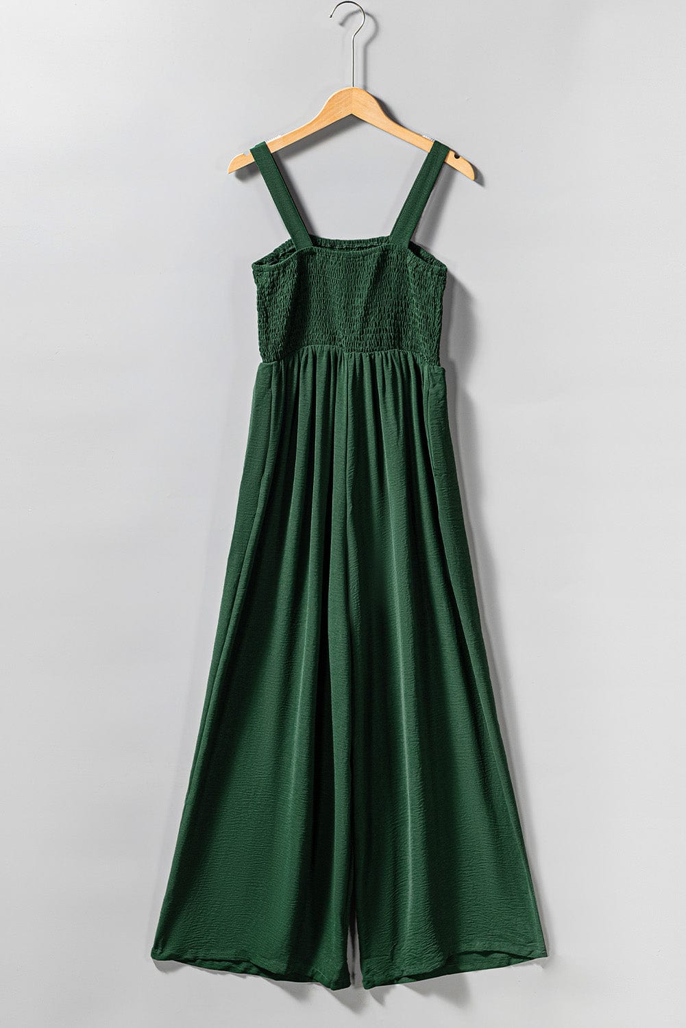 Green Smocked Sleeveless Jumpsuit with Wide Leg and Pockets
