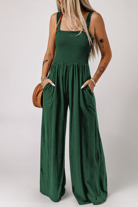Green Smocked Sleeveless Jumpsuit with Wide Leg and Pockets