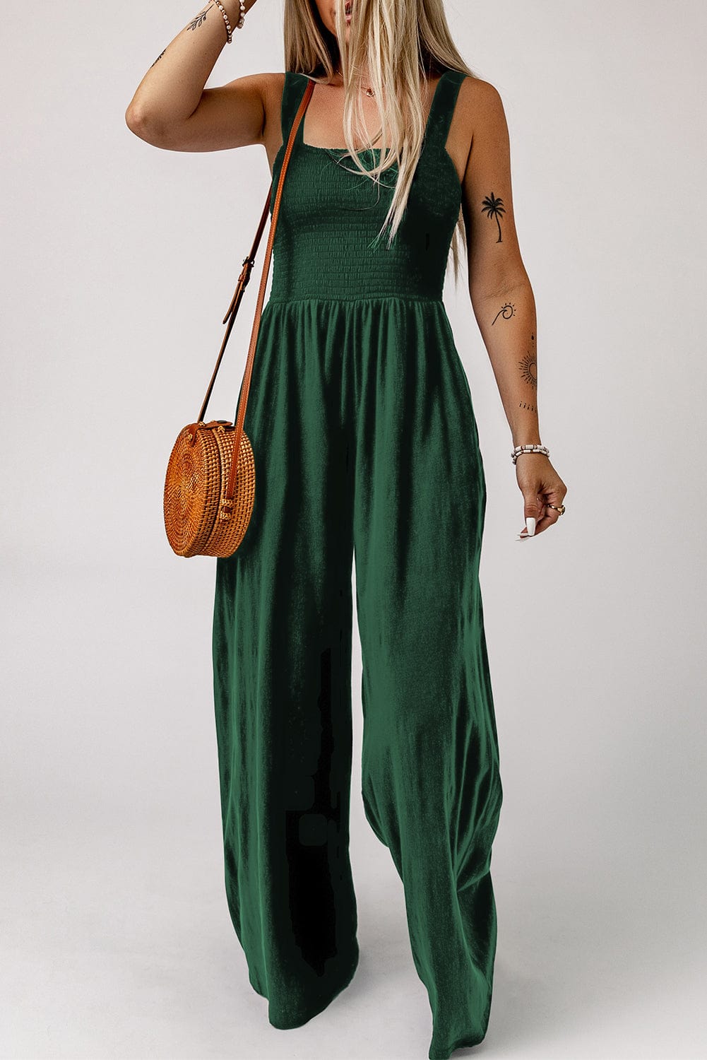 Green Smocked Sleeveless Jumpsuit with Wide Leg and Pockets