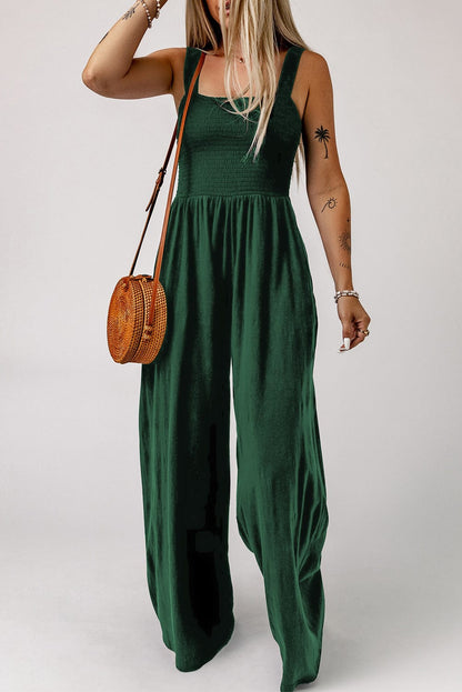 Green Smocked Sleeveless Jumpsuit with Wide Leg and Pockets