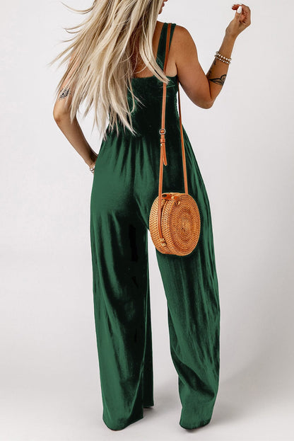 Green Smocked Sleeveless Jumpsuit with Wide Leg and Pockets