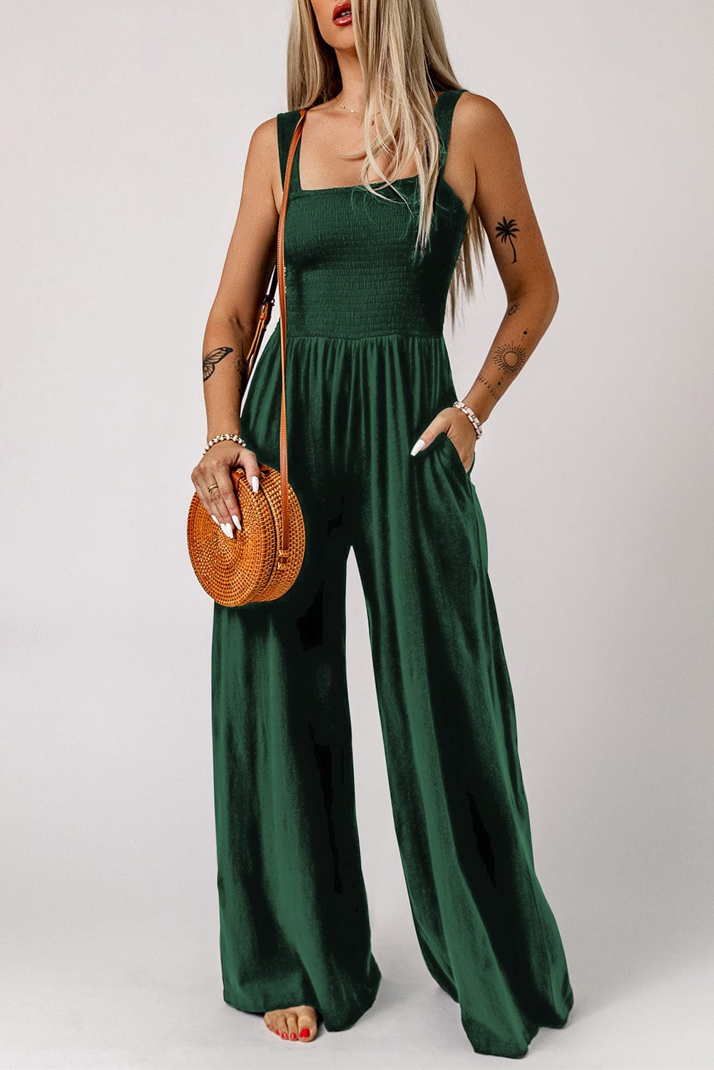 Green Smocked Sleeveless Jumpsuit with Wide Leg and Pockets