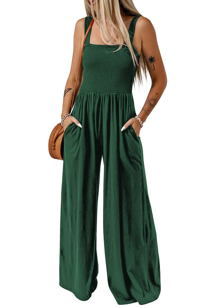 Green Smocked Sleeveless Jumpsuit with Wide Leg and Pockets