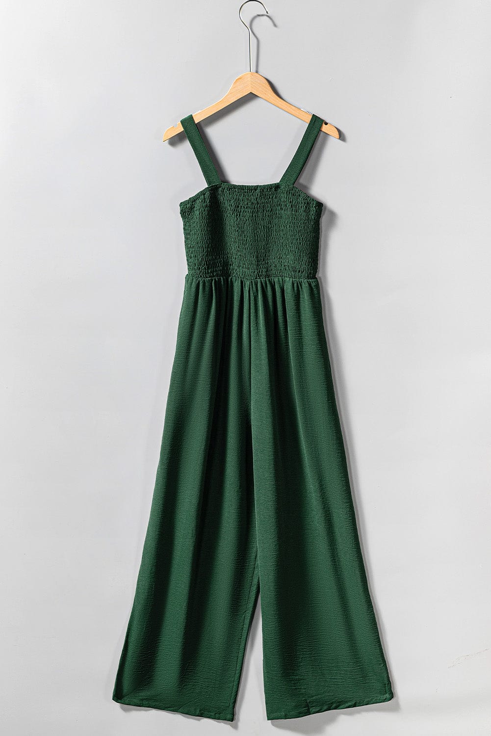 Green Smocked Sleeveless Jumpsuit with Wide Leg and Pockets