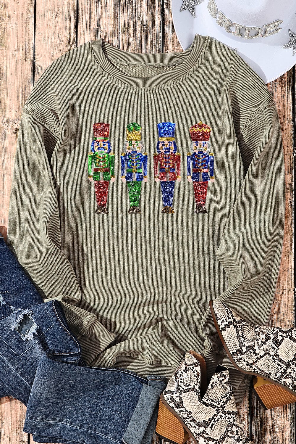 Green Sparkling Nutcracker Doll Oversized Corduroy Sweatshirt