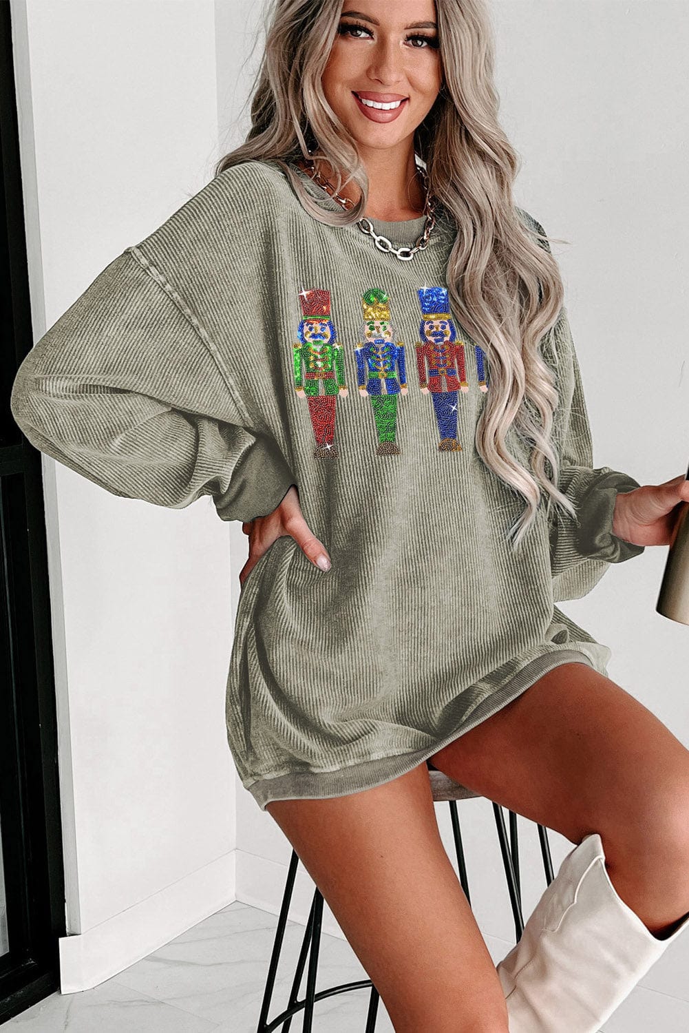 Green Sparkling Nutcracker Doll Oversized Corduroy Sweatshirt
