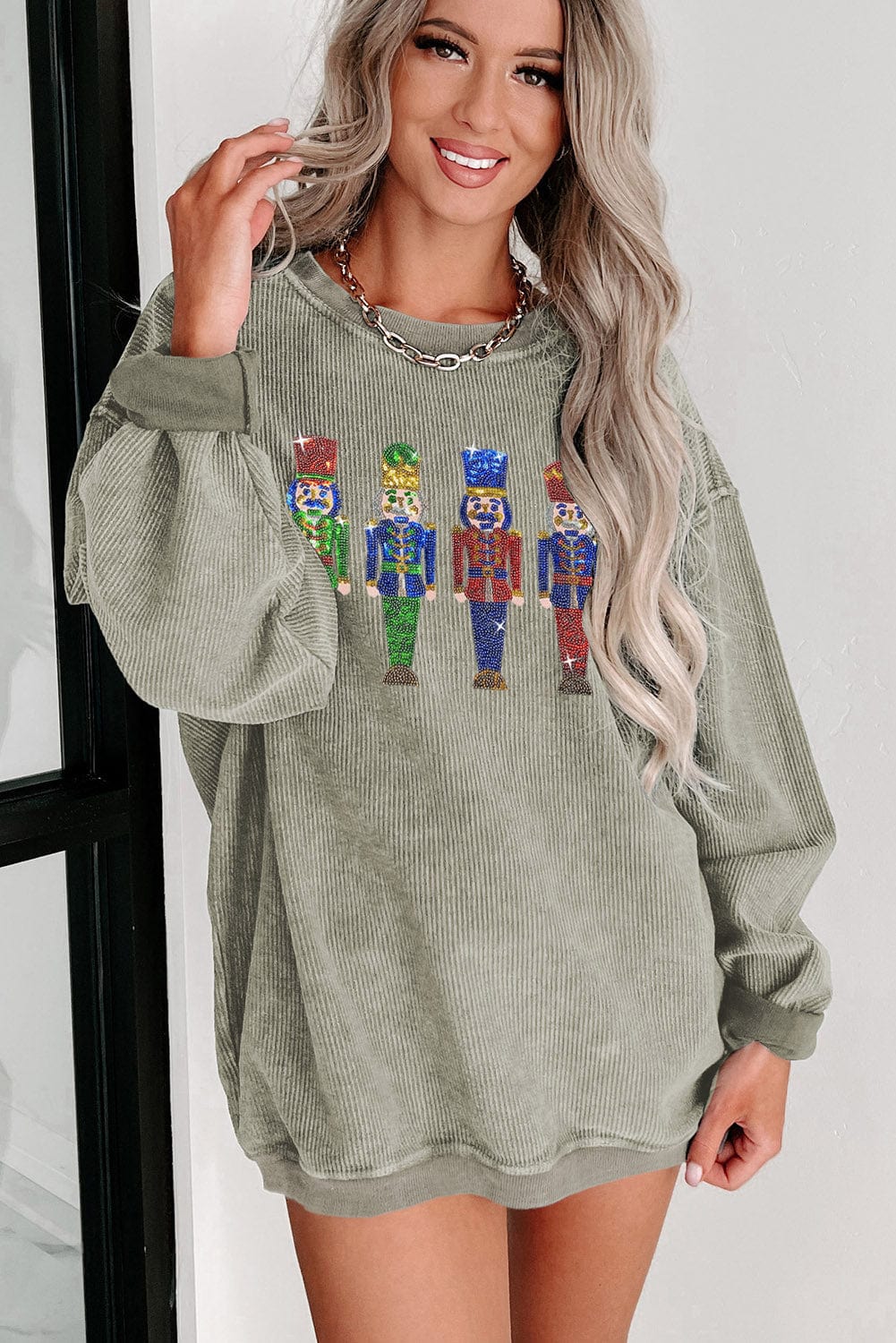 Green Sparkling Nutcracker Doll Oversized Corduroy Sweatshirt